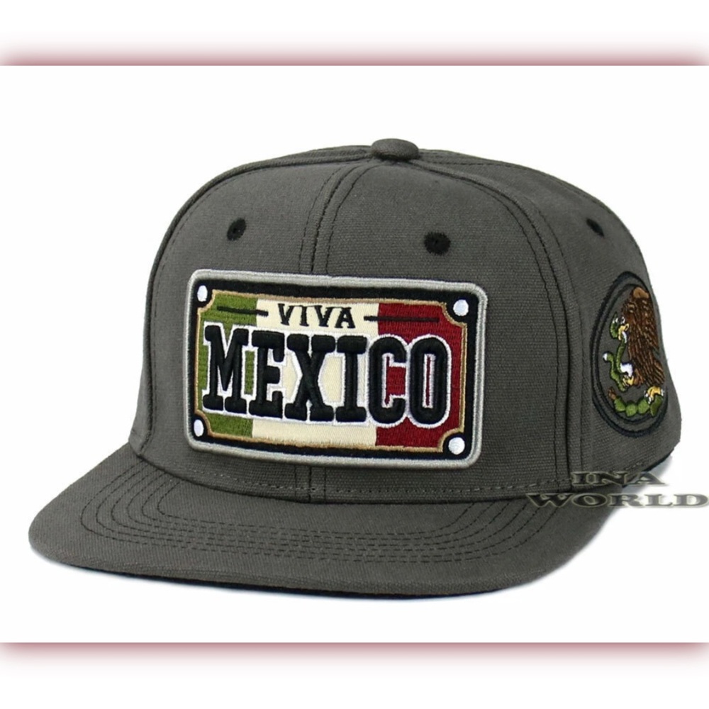 VIVA MEXICO Snapback Hat Flat Bill Gray Cap with Eagle Patch High Quality